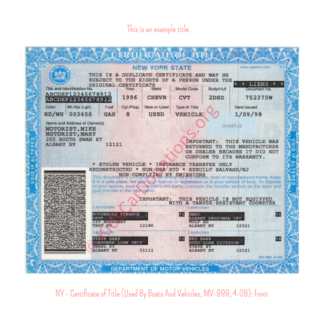 This is an Example of New York Certificate of Title (Used BY Boats And Vehicles, MV-999, 4-08) Front View | Kids Car Donations